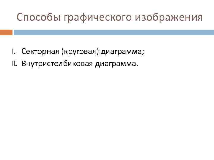 Способы графического изображения I. Секторная (круговая) диаграмма; II. Внутристолбиковая диаграмма. 