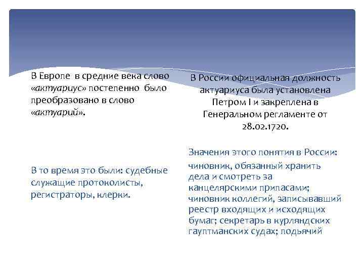 В Европе в средние века слово «актуариус» постепенно было преобразовано в слово «актуарий» .