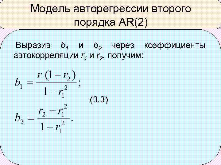 Модель авторегрессии второго порядка AR(2) Выразив b 1 и b 2 через коэффициенты автокорреляции