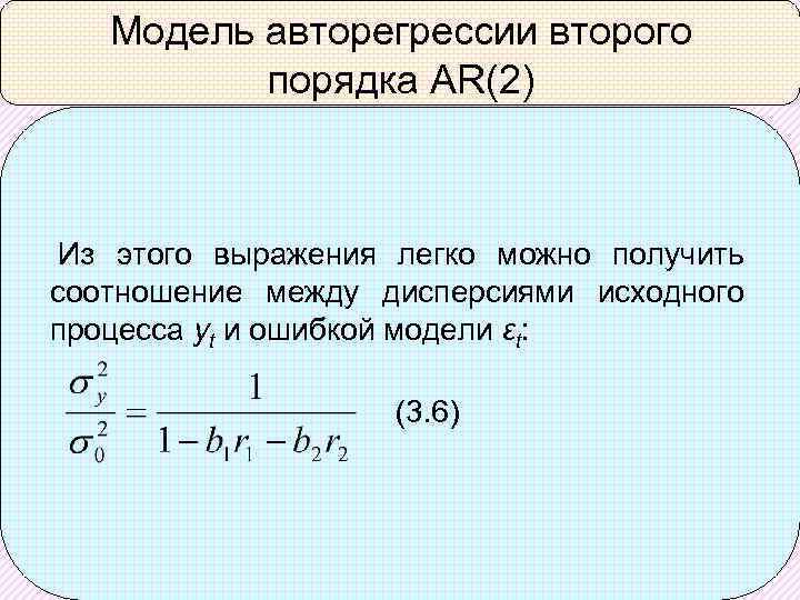 Модель авторегрессии второго порядка AR(2) Из этого выражения легко можно получить соотношение между дисперсиями