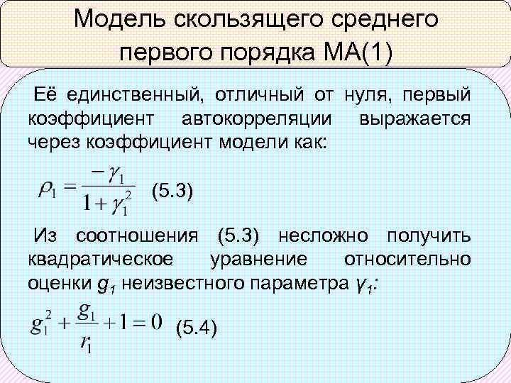 Модель скользящего среднего первого порядка МА(1) Её единственный, отличный от нуля, первый коэффициент автокорреляции