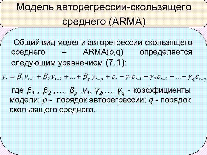 Модель авторегрессии-скользящего среднего (ARMA) Общий вид модели авторегрессии-скользящего среднего – ARMA(p, q) определяется следующим