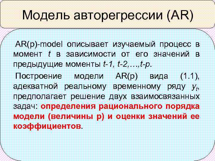 Модель авторегрессии (AR) AR(p)-model описывает изучаемый процесс в момент t в зависимости от его