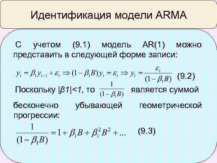 Идентификация модели ARMA С учетом (9. 1) модель AR(1) можно представить в следующей форме