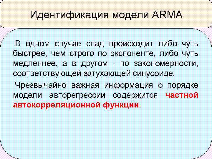 Идентификация модели ARMA В одном случае спад происходит либо чуть быстрее, чем строго по