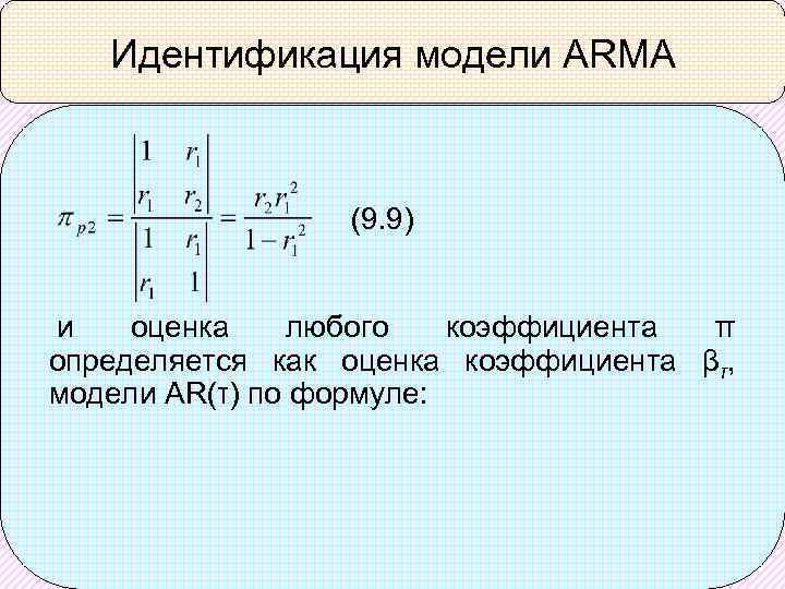 Идентификация модели ARMA (9. 9) и оценка любого коэффициента π определяется как оценка коэффициента