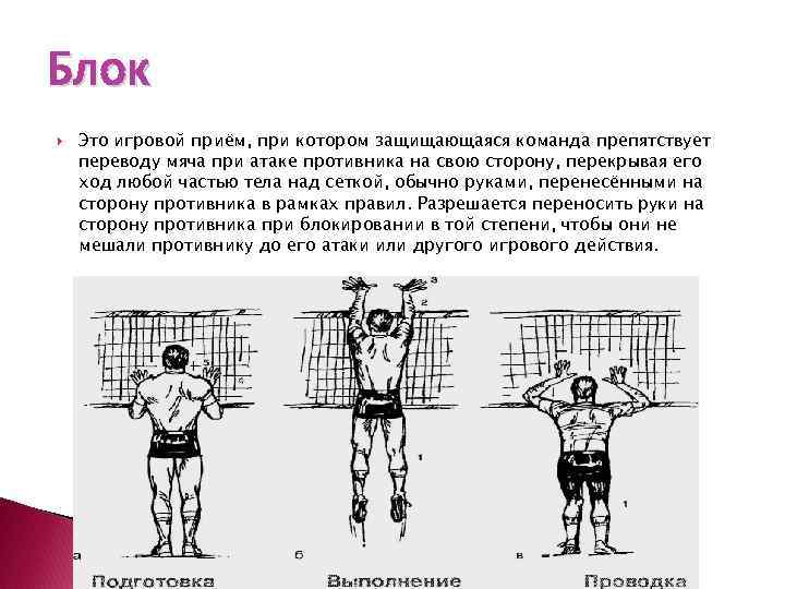 Блок Это игровой приём, при котором защищающаяся команда препятствует переводу мяча при атаке противника