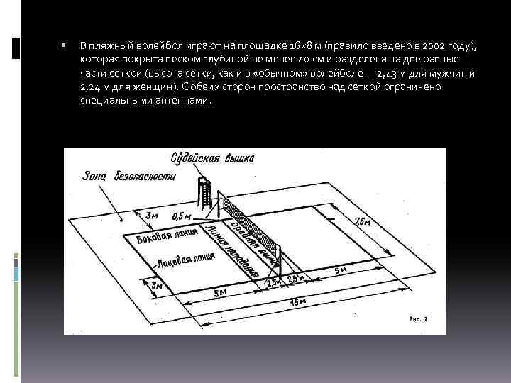  В пляжный волейбол играют на площадке 16× 8 м (правило введено в 2002