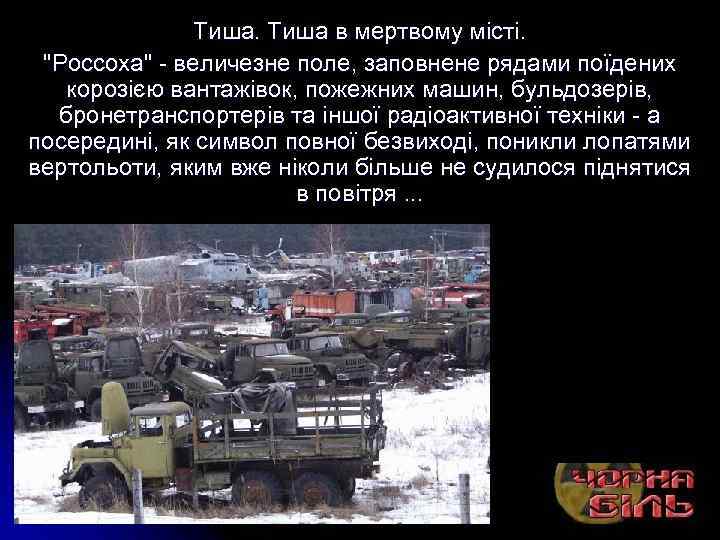 Тиша в мертвому місті. "Россоха" - величезне поле, заповнене рядами поїдених корозією вантажівок, пожежних