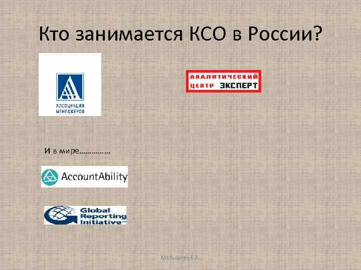 Кто занимается КСО в России? И в мире…………… Малышева Е. А. 