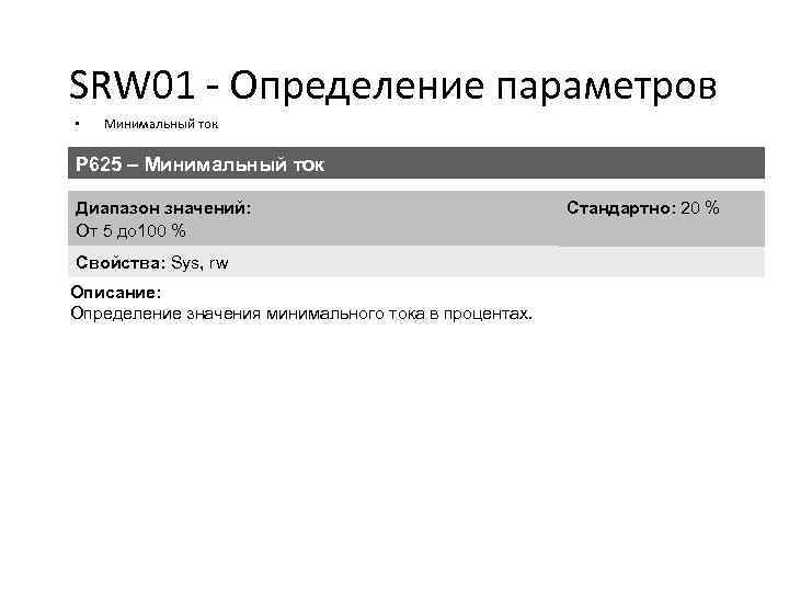 SRW 01 - Определение параметров • Минимальный ток P 625 – Минимальный ток Диапазон