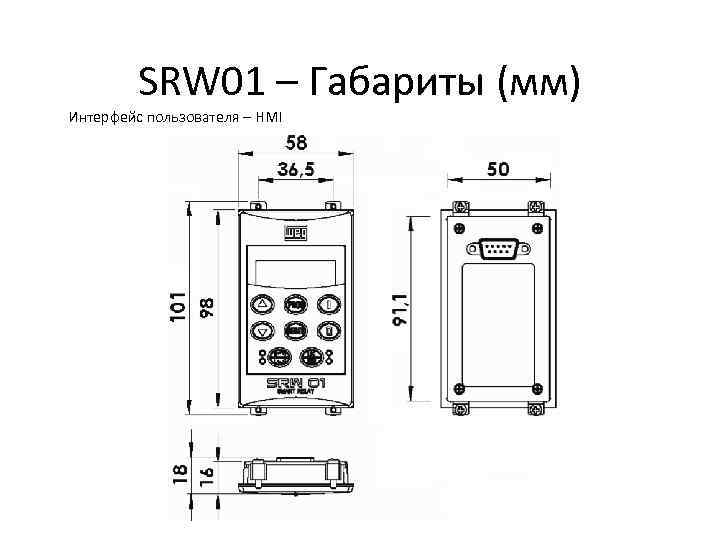 SRW 01 – Габариты (мм) Интерфейс пользователя – HMI 