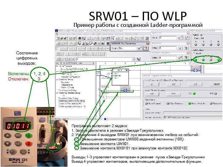 SRW 01 – ПО WLP Пример работы с созданной Ladder-программой Состояние цифровых выходов: Включены: