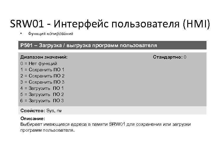 SRW 01 - Интерфейс пользователя (HMI) • Функция копирования P 501 – Загрузка /