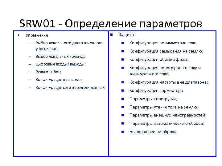 SRW 01 - Определение параметров • Управление – Выбор локального/ дистанционного управления; – Выбор