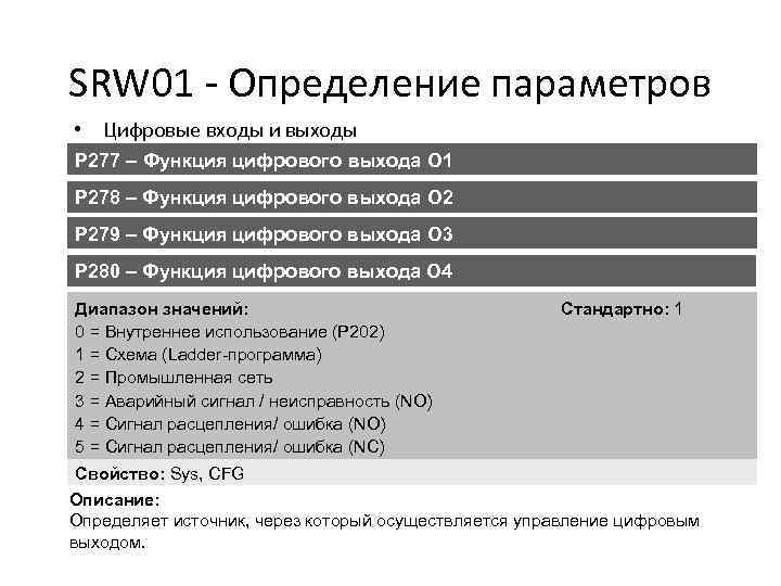 SRW 01 - Определение параметров • Цифровые входы и выходы P 277 – Функция