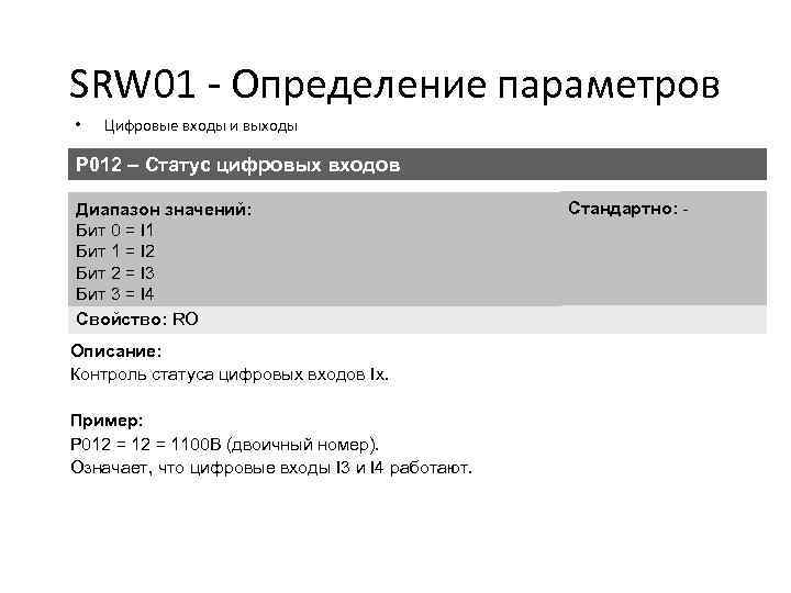 SRW 01 - Определение параметров • Цифровые входы и выходы P 012 – Статус