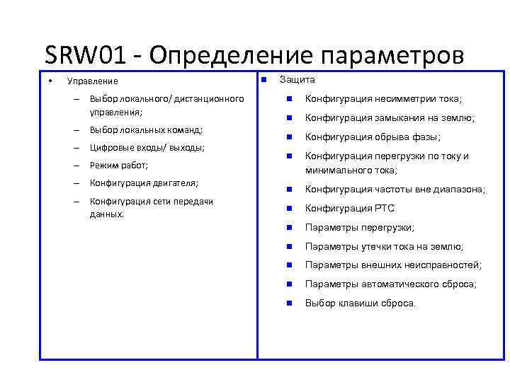 SRW 01 - Определение параметров • Управление – Выбор локального/ дистанционного управления; – Выбор