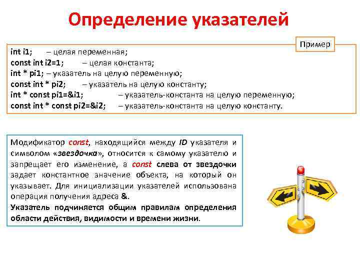 Определение указателей int i 1; – целая переменная; const int i 2=1; – целая