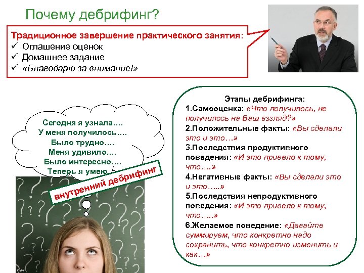 Почему дебрифинг? Традиционное завершение практического занятия: ü Оглашение оценок ü Домашнее задание ü «Благодарю