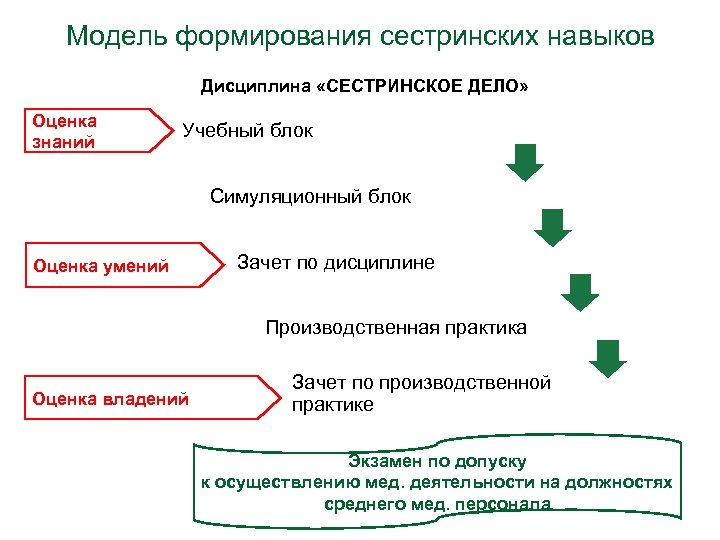 Модель формирования сестринских навыков Дисциплина «СЕСТРИНСКОЕ ДЕЛО» Оценка знаний Учебный блок Симуляционный блок Оценка