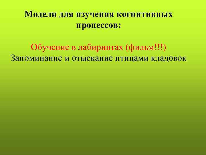 Модели для изучения когнитивных процессов: Обучение в лабиринтах (фильм!!!) Запоминание и отыскание птицами кладовок