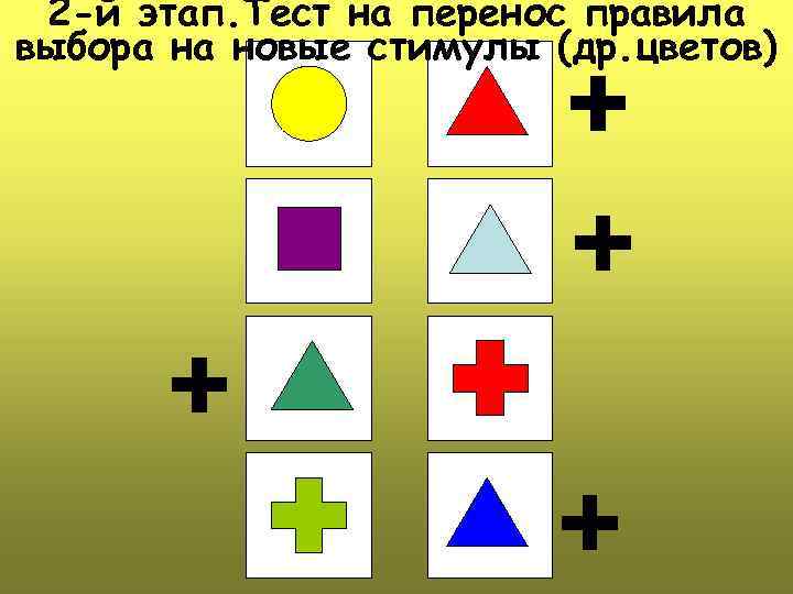 2 -й этап. Тест на перенос правила выбора на новые стимулы (др. цветов) 
