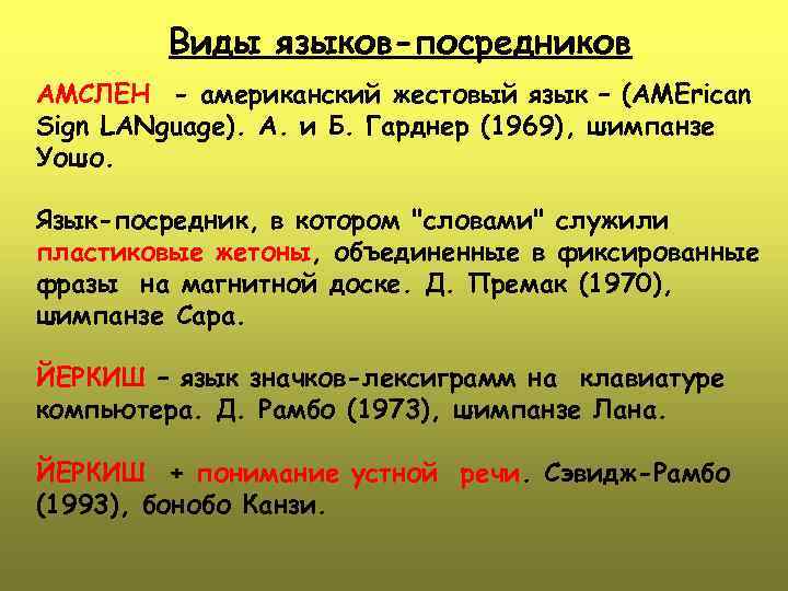 Виды языков-посредников АМСЛЕН - американский жестовый язык – (AMErican Sign LANguage). А. и Б.