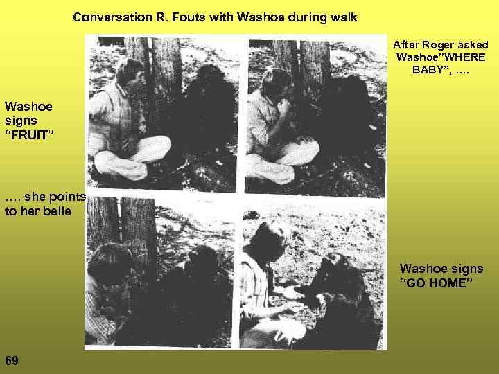 Conversation R. Fouts with Washoe during walk After Roger asked Washoe”WHERE BABY”, …. Washoe