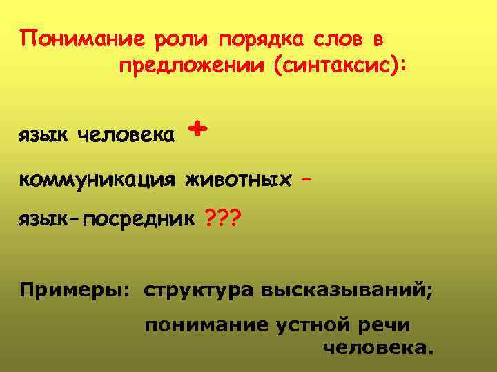 Понимание роли порядка слов в предложении (синтаксис): язык человека + коммуникация животных – язык-посредник