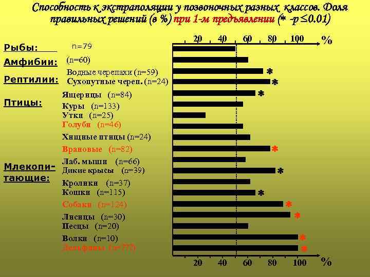 Способность к экстраполяции у позвоночных разных классов. Доля правильных решений (в %) при 1