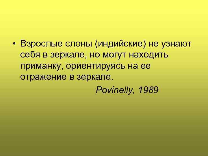  • Взрослые слоны (индийские) не узнают себя в зеркале, но могут находить приманку,