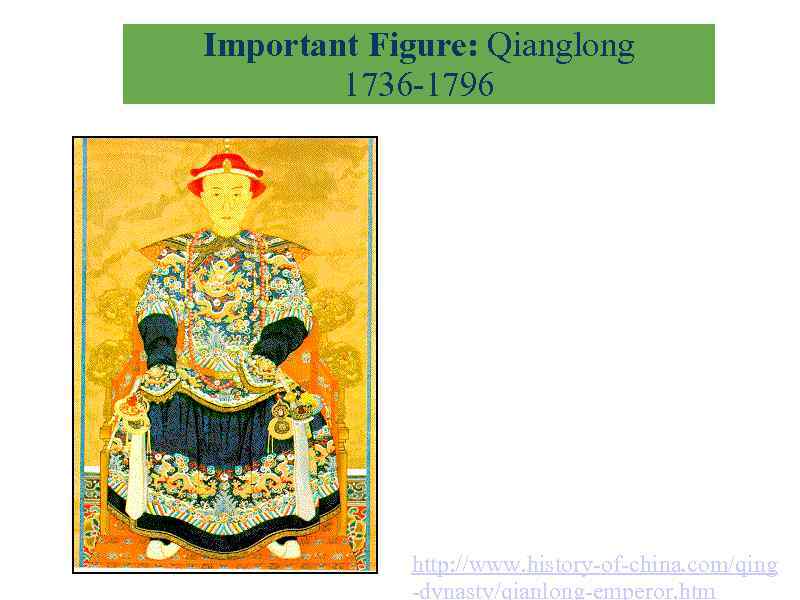 Important Figure: Qianglong 1736 -1796 He skillfully dealt with the relationship between Manchu, Han