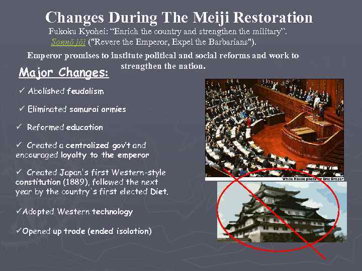 Changes During The Meiji Restoration Fukoku Kyohei: “Enrich the country and strengthen the military”.