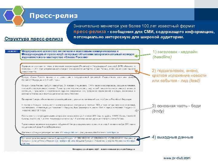 Пресс-релиз Структура пресс-релиза Значительно меняется уже более 100 лет известный формат пресс-релиза - сообщения