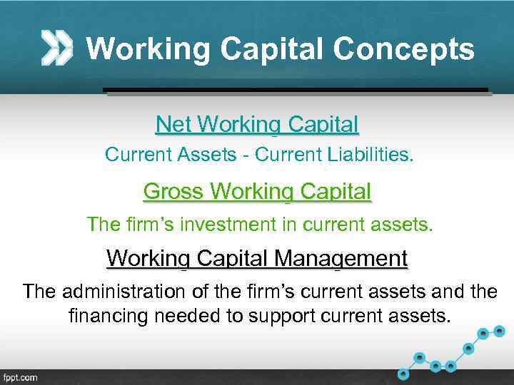 Working Capital Concepts Net Working Capital Current Assets - Current Liabilities. Gross Working Capital