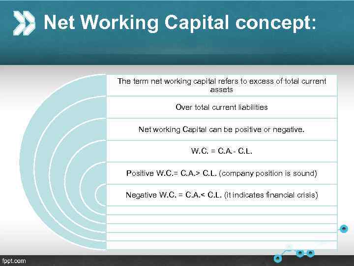 Net Working Capital concept: The term net working capital refers to excess of total