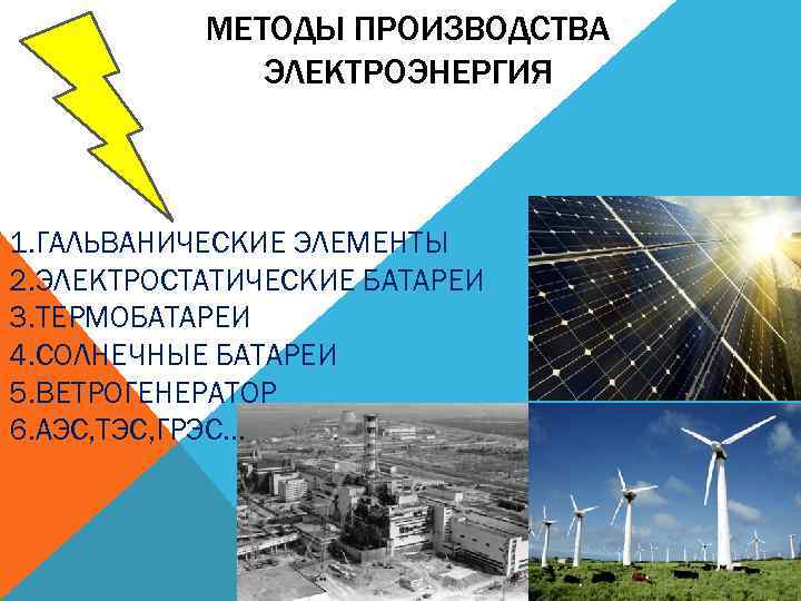 МЕТОДЫ ПРОИЗВОДСТВА ЭЛЕКТРОЭНЕРГИЯ 1. ГАЛЬВАНИЧЕСКИЕ ЭЛЕМЕНТЫ 2. ЭЛЕКТРОСТАТИЧЕСКИЕ БАТАРЕИ 3. ТЕРМОБАТАРЕИ 4. СОЛНЕЧНЫЕ БАТАРЕИ