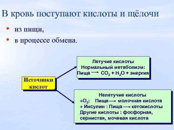 В кровь поступают кислоты и щёлочи • из пищи, • в процессе обмена. Источники