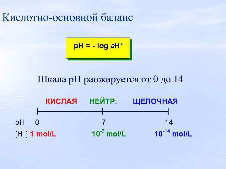 Кислотно основной баланс p. H = - log a. H+ Шкала p. H ранжируется