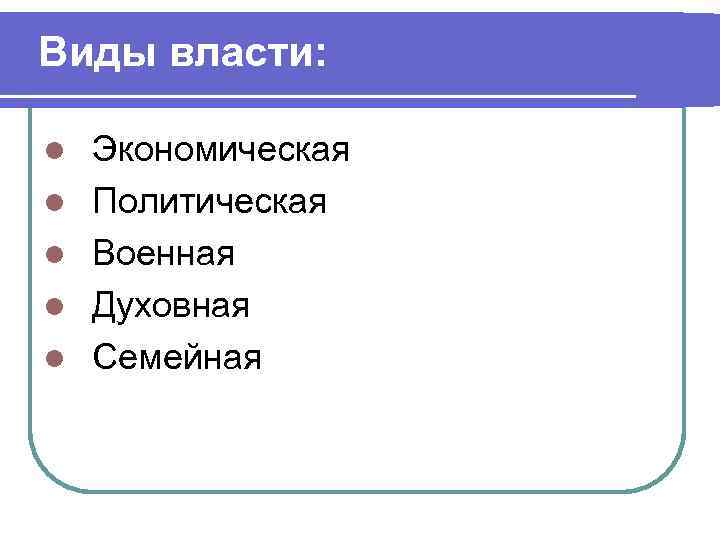 Виды власти: l l l Экономическая Политическая Военная Духовная Семейная 