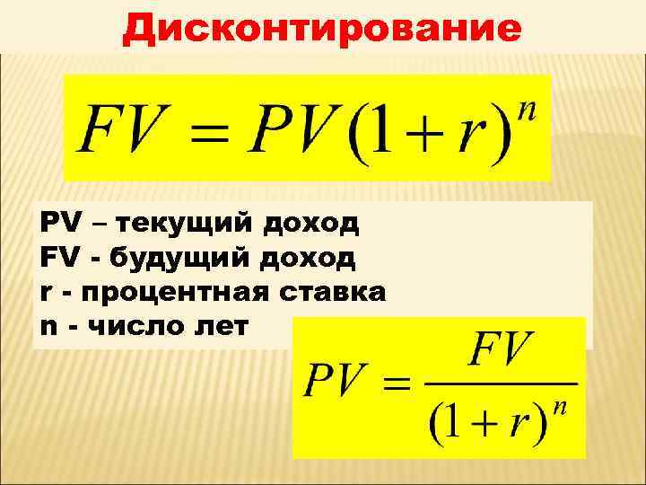 Дисконтирование PV – текущий доход FV - будущий доход r - процентная ставка n