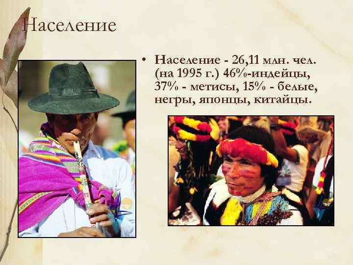 Население • Население - 26, 11 млн. чел. (на 1995 г. ) 46%-индейцы, 37%