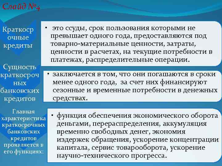 Слайд № 4 Краткоср очные кредиты • это ссуды, срок пользования которыми не превышает