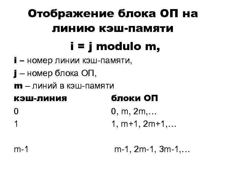 Отображение блока ОП на линию кэш-памяти i = j modulo m, i – номер