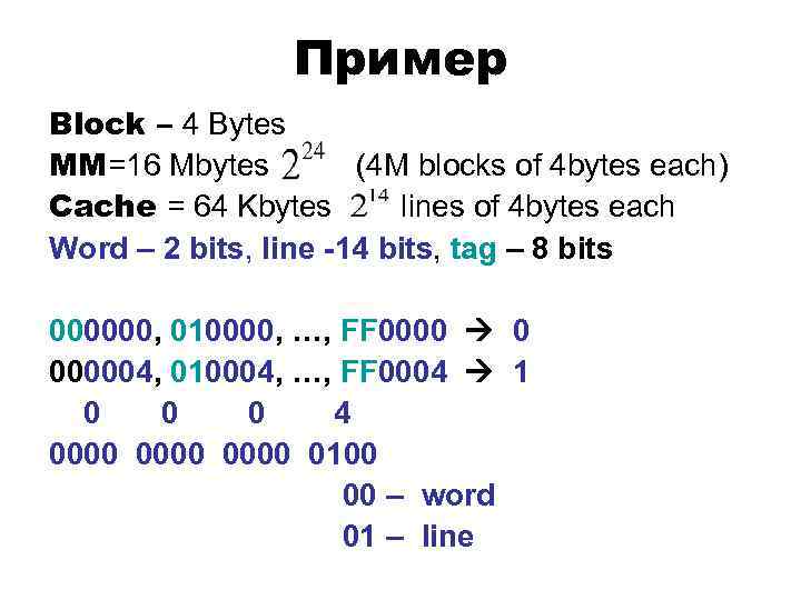 Пример Block – 4 Bytes MM=16 Mbytes (4 M blocks of 4 bytes each)