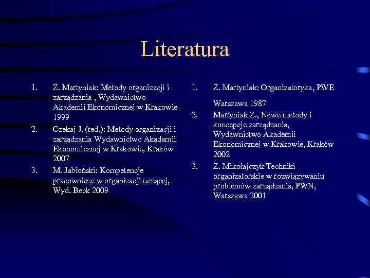 Literatura 1. 2. 3. Z. Martyniak: Metody organizacji i zarządzania , Wydawnictwo Akademii Ekonomicznej