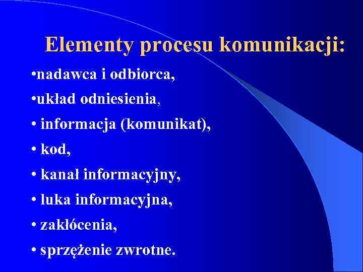 Elementy procesu komunikacji: • nadawca i odbiorca, • układ odniesienia, • informacja (komunikat), •