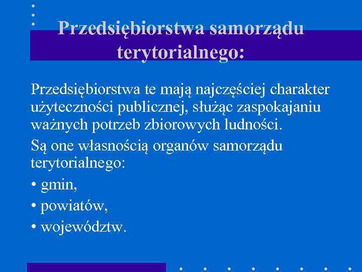 Przedsiębiorstwa samorządu terytorialnego: Przedsiębiorstwa te mają najczęściej charakter użyteczności publicznej, służąc zaspokajaniu ważnych potrzeb