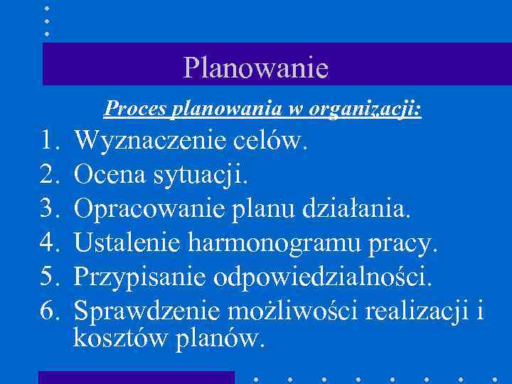 Planowanie Proces planowania w organizacji: 1. 2. 3. 4. 5. 6. Wyznaczenie celów. Ocena